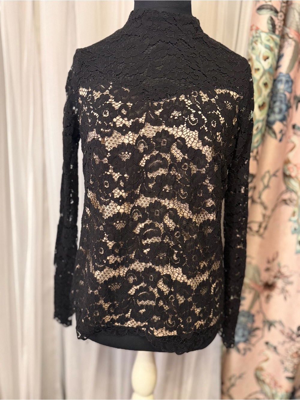 ALYX Black Lace Nude Lined Mock Neck Long Sleeve Top Size Medium